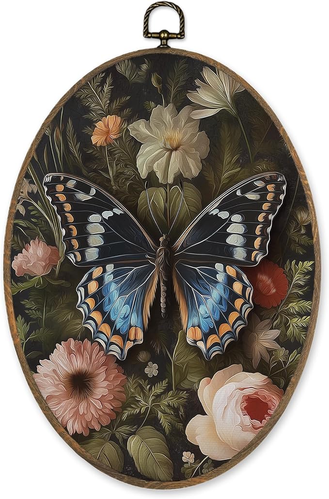 LKETW Vintage Butterfly Floral Oval Wall Art Decor, William Morris Butterfly Oval Canvas Hanging Decor, Cottagecore Moth Flower Botanical Wall Decorations for Home Bedroom Living Room, 8.6x11.4 Inch