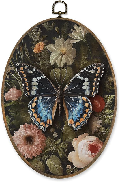 LKETW Vintage Butterfly Floral Oval Wall Art Decor, William Morris Butterfly Oval Canvas Hanging Decor, Cottagecore Moth Flower Botanical Wall Decorations for Home Bedroom Living Room, 8.6x11.4 Inch