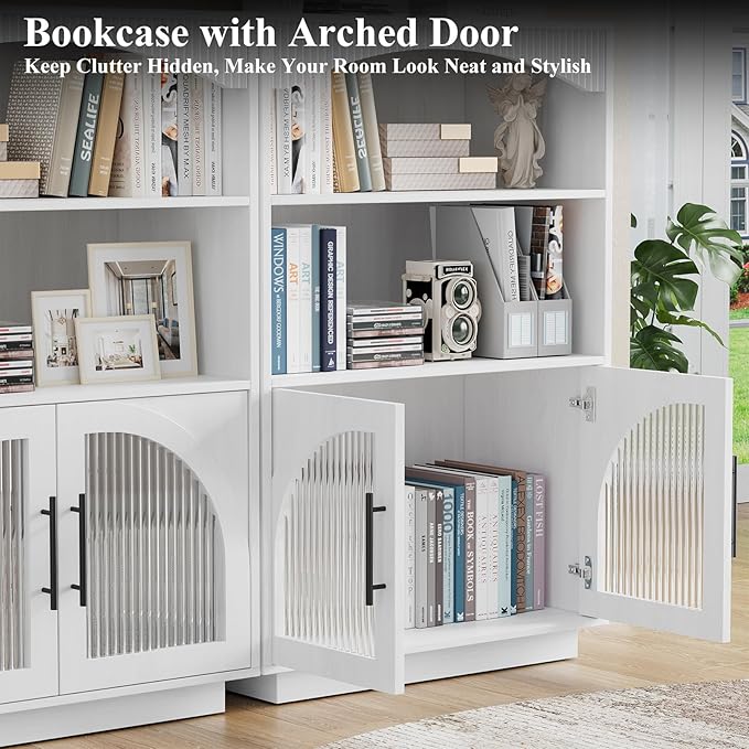 46" Bookshelf with Doors, White Bookcase with Glass Door, 3 Tier Small Bookshelf w/Deep Storage Cabinet and Adjustable Shelves, Wood Standing Mid Century Book Shelf for Home Office Kitchen