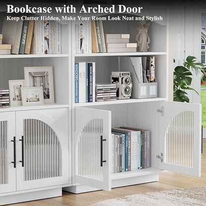 46" Bookshelf with Doors, White Bookcase with Glass Door, 3 Tier Small Bookshelf w/Deep Storage Cabinet and Adjustable Shelves, Wood Standing Mid Century Book Shelf for Home Office Kitchen
