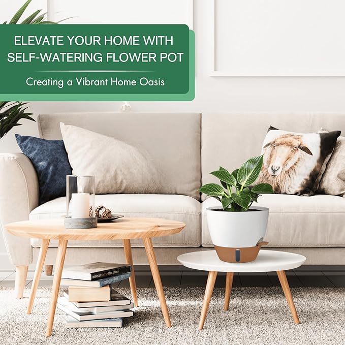montresor 2 Pack 10 inch Plant Pots, PP Plastic Self Watering Planter with Drainage and Tray for Indoor Outdoor Plants, Water Level Window & Reservoir Flower Pots Decorative Planter (Cream, 10 Inch)