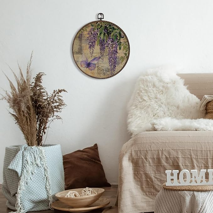 XNXLDYLH Vintage Wisteria Flower Round Framed Wall Art Decor, Purple Retro Earthy Floral Bathroom Hanging Wall Decor Decorations, Botanical Floral Canvas Prints Wall Art Pictures Paintings, 10x10 Inch
