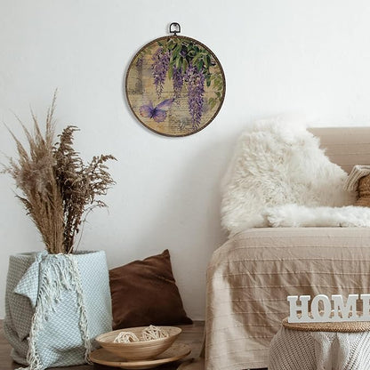 XNXLDYLH Vintage Wisteria Flower Round Framed Wall Art Decor, Purple Retro Earthy Floral Bathroom Hanging Wall Decor Decorations, Botanical Floral Canvas Prints Wall Art Pictures Paintings, 10x10 Inch