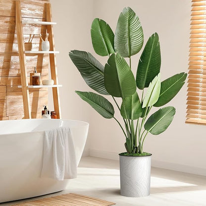 Artificial Tree in White Marble Effect Planter, Fake Bird of Paradise Silk Tree for Indoor and Outdoor Home Decoration - 58" Overall Tall (Plant Pot Plus Tree)