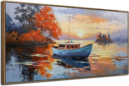Brushart Ship Wall Art for Living Room, Large Canvas Wall Art Landscape Pictures Paintings Wall Decor Textured Artwork for Walls Bedroom Home Office, Framed 58"x29"
