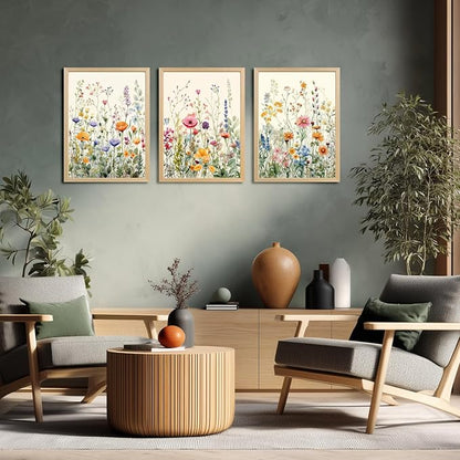 LLEEMPI Watercolor Floral Wall Art Set of 3, Colorful Wildflower Wall Decor, Modern Abstract Botanical Canvas Painting, Rustic Farmhouse Poster Print for Bedroom Bathroom Office Wood Framed 16x24 Inch
