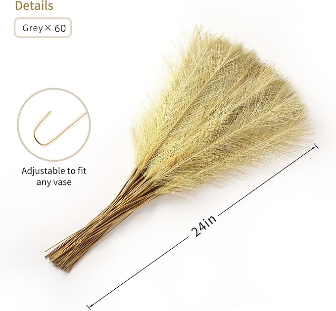 60pcs Gold Faux Pampas Grass - 24 Inch Long Pampas Grass Wall Decor, Mini Artificial Pampas Grass for Great Gatsby Party Decorations and Glam Room Decor (Gold)