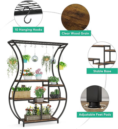 Tribesigns 6-Tier Plant Stand, 70.9 Inch Tall Plant Shelf with 10 Hanging Hooks, Vase Shape Ladder Plant Stand, Multi-Purpose Plant Display Rack for Indoor, Balcony, Living Room, Brown and Black