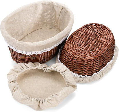 Nicunom 2 Size Wicker Bread Baskets for Serving Set, 11" 12" Bread and Pastries Basket Fruit Basket Sourdough Proofing Baskets with Removable Liner and Cover, Stainless Steel Tongs