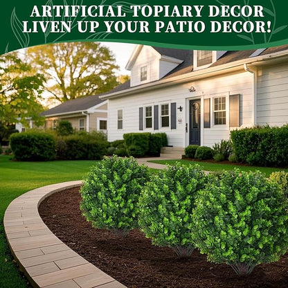 Artificial Eucalyptus Topiary Ball Trees, 2 Set of 16'' UV Resistant Fake Evergreen Shrubs Bushes Plants with Ground Spike, Fake Plants for Outdoor Indoor Front Porch Garden