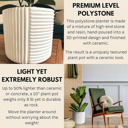 Fox & Fern 10 Inch Plant Pot with Drainage Plug — Premium Polystone White Plant Pot; Modern Planter with 3D Texture and Ceramic Finish; 10 Inch Pots for Plants Indoor & Outdoor