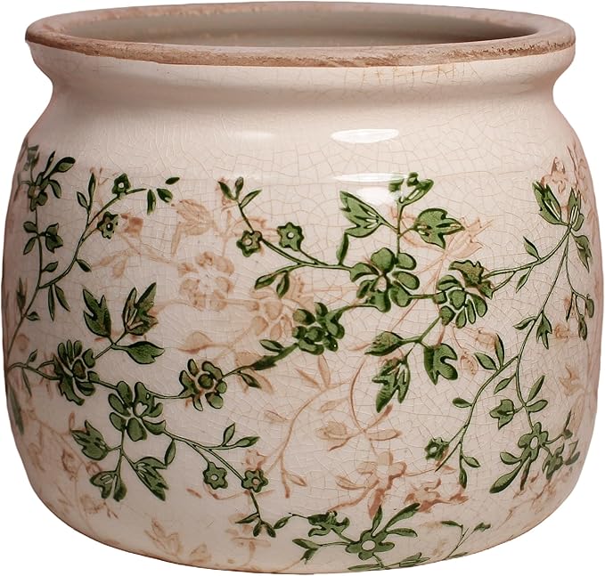 Vintage Ceramic 6.29in Plant Pots, Decorative Vase for Indoor Garden, Room & Home Decor, Sage Beige