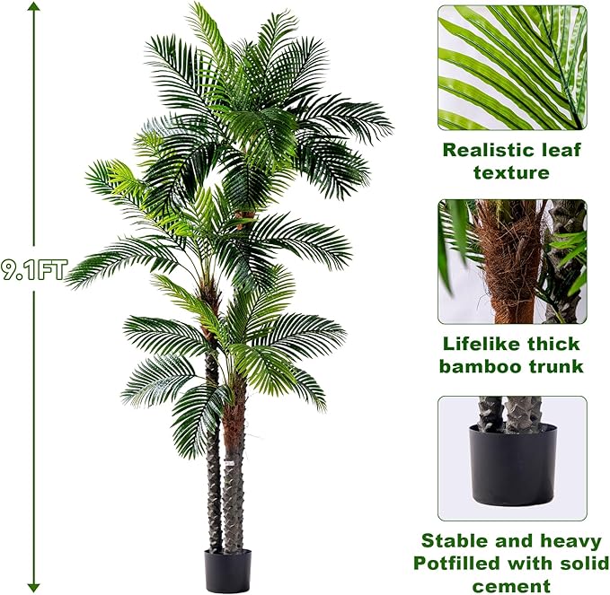 9.1FT Artificial Phoenix Palm Tree Artificial Plants Indoor Outdoor Large Faux Coconut Silk Palm Tree Tropical Fake Tree Faux Sago Palm Plant for Modern Farmhouse Yard Outside Patio Poolside