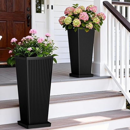 Tapered Tall Planters for Outdoor Plants 2 Pack- 23.6 Inch Square Indoor Flower Pots with Drainage Holes and Partition/Tray Saucers, Large Outdoor Planters for Porch Patio Garden, Black