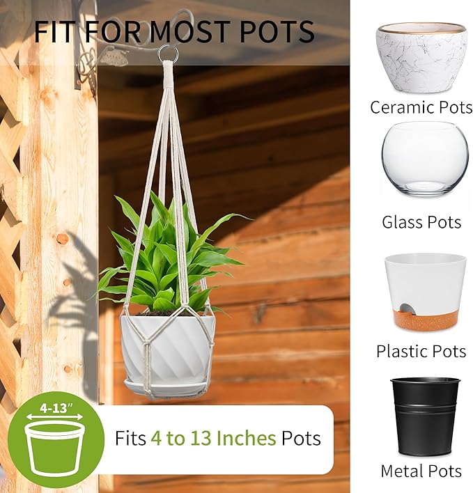 3 Pack Macrame Plant Hanger, Fits 4-13 Inch Pots, Boho Hanging Plant Holder for Indoor Outdoor, 35 Inch, White