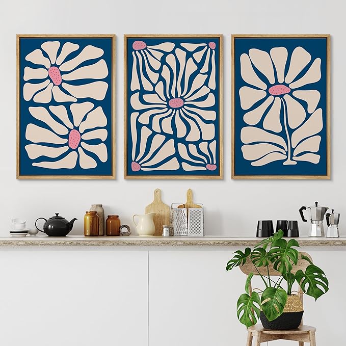 Ashbrook Framed Canvas Print Wall Art Set Mid-Century Modern Navy Blue Flowers Nature Wilderness Illustrations Modern Art Floral Botanical Minimal Calm/Relax/Cozy for Bedroom - 24"x36"x3 Natural