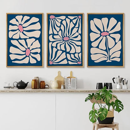 Ashbrook Framed Canvas Print Wall Art Set Mid-Century Modern Navy Blue Flowers Nature Wilderness Illustrations Modern Art Floral Botanical Minimal Calm/Relax/Cozy for Bedroom - 24"x36"x3 Natural