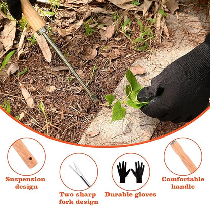 Wooden Handle Dandelion Weeder Tool - Polished Stainless Steel Dual - Forked Head Dandelion Weeder Puller Tool for Planting, Weeding, Flower & Vegetable Care with Nylon Nitrile Coated Gloves
