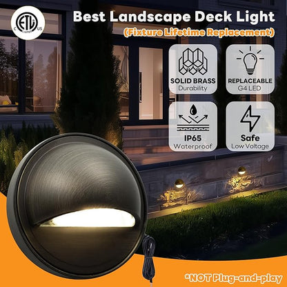 Gardenreet Low Voltage Deck Lights - Solid Brass Landscape Step Lights LED, 12V Hardwired IP65 Waterproof, Bronze Round Lighting for Stair Fence Wall Yard Without G4 Bulb 4 Pack