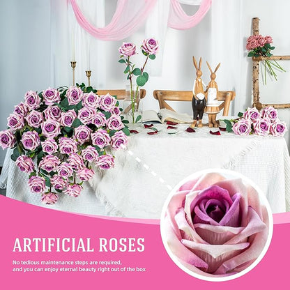 Fake Roses Faux Flowers Silk Roses Artificial Roses with Stems Realistic Artificial Flowers 24PCS Suitable for Indoor Home Decoration DIY Bouquet Wedding Decor Party Decor (Purple) 16.5In