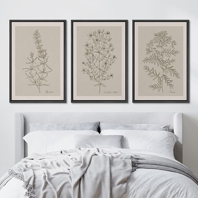 Ashbrook Framed Canvas Print Wall Art Set Duotone Vintage Flowers Nature Wilderness Illustrations Modern Art Decorative Floral Botanical Minimal Calm/Relax/Cozy for Bedroom - 24"x36"x3 BLACK