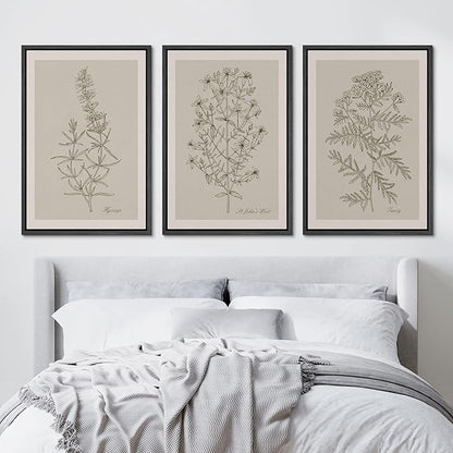 Ashbrook Framed Canvas Print Wall Art Set Duotone Vintage Flowers Nature Wilderness Illustrations Modern Art Decorative Floral Botanical Minimal Calm/Relax/Cozy for Bedroom - 24"x36"x3 BLACK