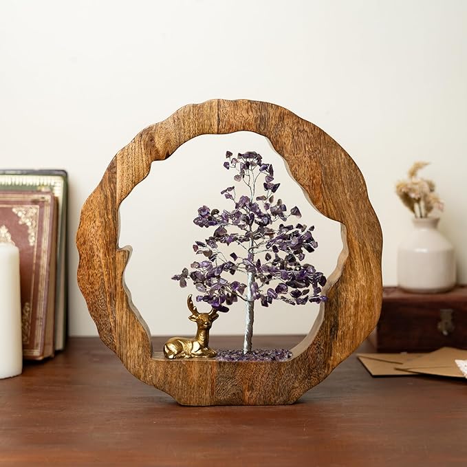 RITUALISTIC Amethyst Crystal Tree with Reindeer Handcrafted Feng Shui Gemstone Bonsai Tree Chakra Handmade Home Decor Wealth & Luck Crystal Showpiece Decorative Spiritual Gifts Standard Purple