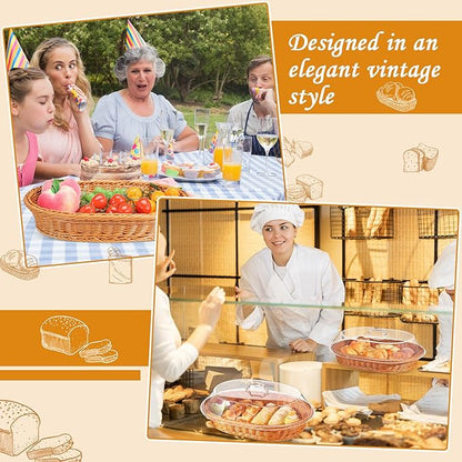 Hushee 2 Set Imitation Rattan Bread Basket with Lid Wicker Bread Baskets for Serving Woven Fruit Basket with Cover Oval Food Baskets for Food Vegetables Display(13.78 x 9.84 Inch, 15.75 x 11.81 Inch)