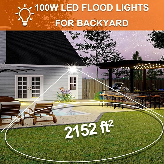 XXBSAZ 100W LED Flood Light Outdoor, Plug-in & Hardwired Security Light, IP66 Waterproof 6500K Daylight for Driveway, Garage & Backyard (2 Pack)