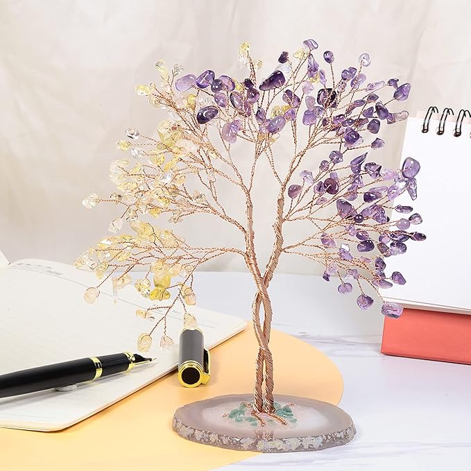 mookaitedecor Handmade Citrine & Amethyst Crystal Tree with Agate Slice Base, Bonsai Money Tree of Life for Wealth and Luck, Feng Shui Home Decor