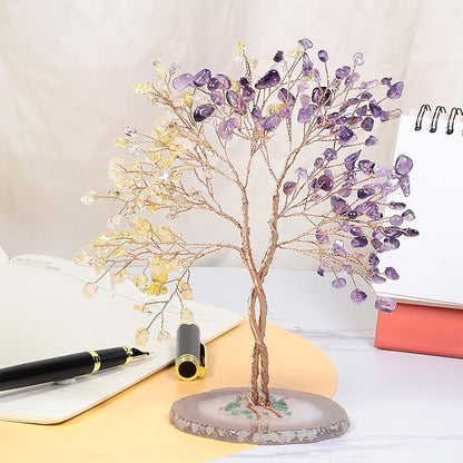 mookaitedecor Handmade Citrine & Amethyst Crystal Tree with Agate Slice Base, Bonsai Money Tree of Life for Wealth and Luck, Feng Shui Home Decor