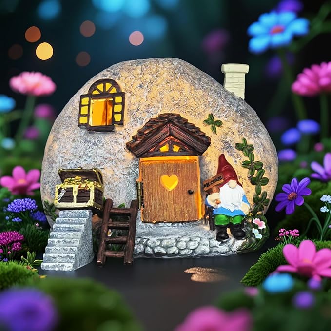 Fairy Garden Accessories Gnome Home Statues Kit, 4 Pcs Figurines Solar Tiny House with Openable Door for Outdoor Patio Yard Lawn, Christmas Housewarming Decorations, Gift Ideas for Women Kids