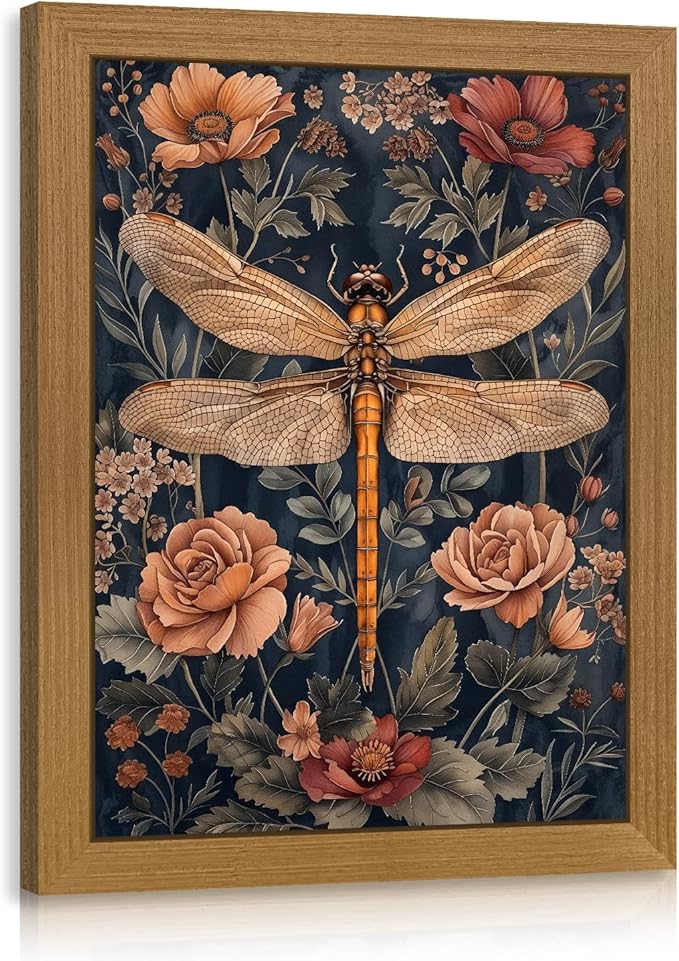 CAZLOUC Vintage Dragonfly Wall Art, William Morris Botanical Wall Decor, Neutral Insect Flower Poster Print, Dark Nature Floral Aesthetic Picture for Living Room Bedroom Wood Framed 8x10 Inch