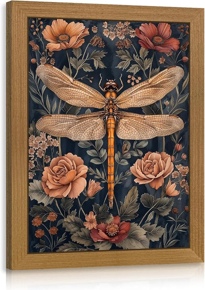 CAZLOUC Vintage Dragonfly Wall Art, William Morris Botanical Wall Decor, Neutral Insect Flower Poster Print, Dark Nature Floral Aesthetic Picture for Living Room Bedroom Wood Framed 8x10 Inch