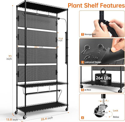 Bstrip Plant Shelf with Grow Light & 4 Pegboard, Metal Plant Stand with Adjustable Rack and Wheels, 4 x 24W Full Spectrum Grow Light Strip for Indoor Plants, Foliage Plants, Seedling, 35.4"x13.8"x71"