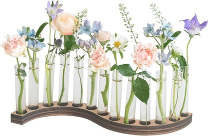 Test Tube Vases for Flowers，Small Plant Propagation Station，S Shape Plant Terrarium with Wooden Stand(Amber)
