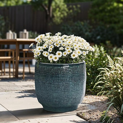 LuxenHome 12" Dia Large Ceramic Pots for Plants, Modern Green Glazed Planters for Outdoor Plants, Round Indoor Flower Pots with Drainage Hole and Rubber Plug for Home Garden Patio