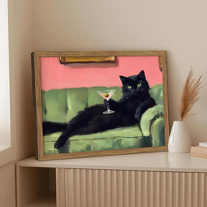 Framed Black Cat with Martini Wall Art Print, Whimsical Cute Cat Decor Paintings, Cocktail Art Bar Cart Decor, Funny Animal Canvas Pictures Aesthetic for Home Living Room Bedroom – 12x16 inch