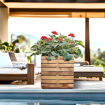 FENCY Metal Planter Box, Large Rectangular Planters for Outdoor Plants, Outdoor Tall Planters with Drainage Holes, Walnut Finish Metal Planters (17″ × 17″ × H18″)