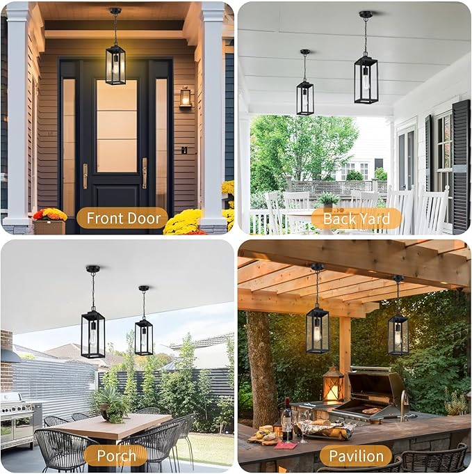 15'' Large Outdoor Pendant Light, Modern Outside Chandelier Outdoor Hanging Lantern Light, Matte Black with Clear Glass, Exterior Pendant Lighting Fixture Ceiling Mount for Porch, Gazebo, 1Pack