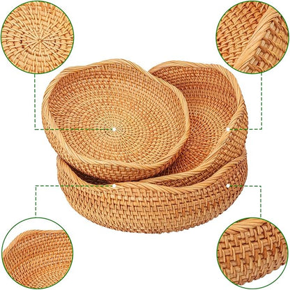 3 PCS Rattan Bread Basket - 3 Size Authentic Handmade Decorative Woven Baskets for Kitchen, Round Rattan Fruit Baskets Bowls for Table, Kitchen Decor