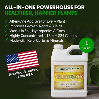 Humboldts Secret Golden Tree Liquid Plant Food | Enhances Growth Indoors or Outdoors | All-in-One Plant Nutrients for Vegetables, Trees, Flowers, Fruits, Roses, Lawns, Tomatoes | 1 Gallon