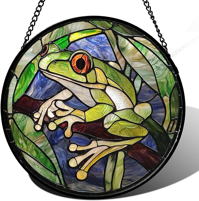 Stained Glass Window Hanging, Teal Frog Sun Catcher for Door Home Decor Green Suncatcher Christmas Mother's Day Birthday Gifts for Women Men Mom and Nana 7.8 in