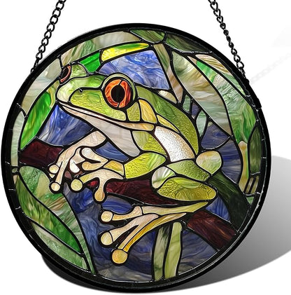 Stained Glass Window Hanging, Teal Frog Sun Catcher for Door Home Decor Green Suncatcher Christmas Mother's Day Birthday Gifts for Women Men Mom and Nana 7.8 in
