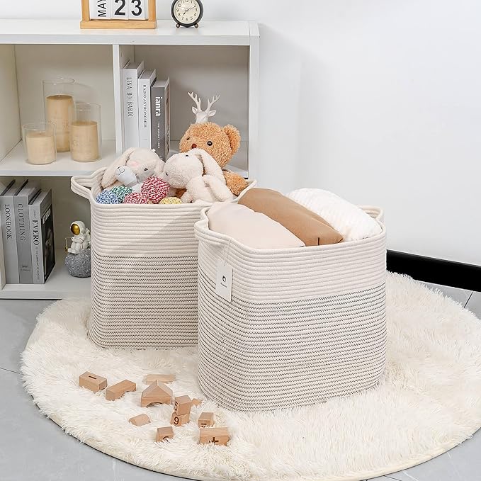 Storage Baskets for Clothes Fabric Cotton Rope Storage Basket with Handles, Decorative Woven Basket for Living Room,Closet Organizer Blankets, and 2bags (White/Black Line, L16×W11.4×H15.9)