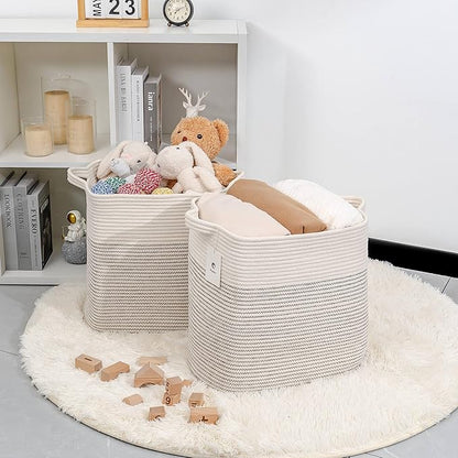 Storage Baskets for Clothes Fabric Cotton Rope Storage Basket with Handles, Decorative Woven Basket for Living Room,Closet Organizer Blankets, and 2bags (White/Black Line, L16×W11.4×H15.9)