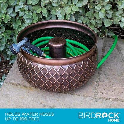 BIRDROCK HOME Water Hose Holder - Decorative Metal Pot, Indoor or Outdoor, Garden Storage Organizer, Patio Portable Bucket - Embossed Steel w/Copper Accents, Holds up to 100ft Hoses