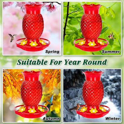Glass Hummingbird Feeders for Outdoors Hanging Ant and Bee Proof 16OZ 1 Pack Red Pineapple Humming Bird Feeder with 6 Feeding Ports and Ant Moat Hummingbird Gifts for Women Garden Decor