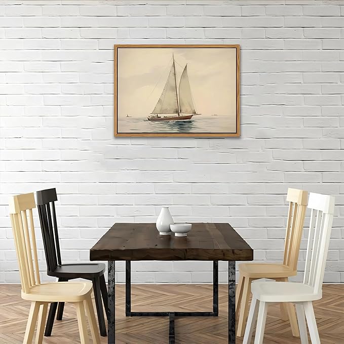 Floating Framed Canvas Wall Art, Vintage Sailboat Ocean Picture Wall Decor, White Sailboat Seascape Poster Print Painting for Living Room Bedroom Bathroom Office Home Decor 12x16 inch