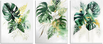 TutuBeer 3 Panels Botanical Wall Art Botanical Pictures Gold Modern Wall Decor with Green Plant Pictures Wall Art Botanical Plant Pictures Wall Art for Bedroom Bathroom Home Wall Decor 12x16 Inch